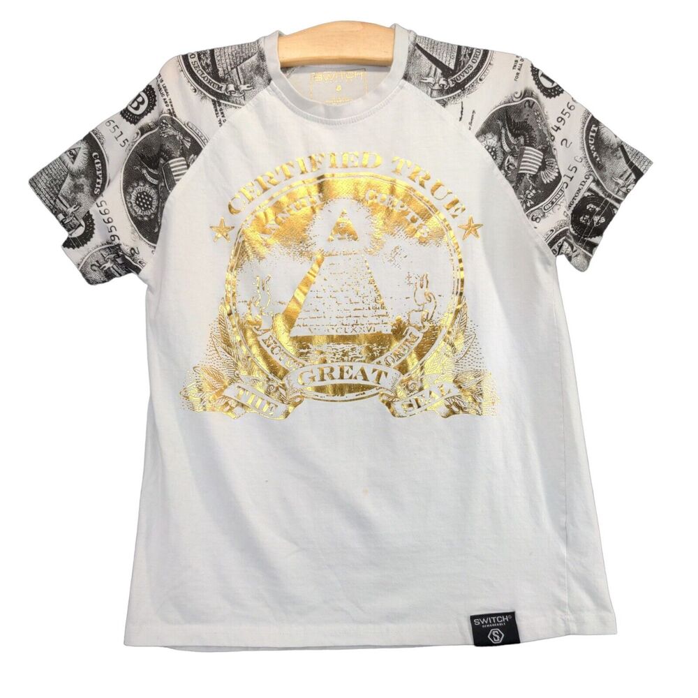 Switch Remarkable Certified True T Shirt Mens Size Small White Metallic Gold